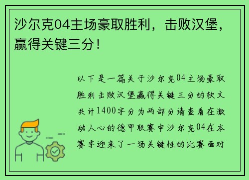 沙尔克04主场豪取胜利，击败汉堡，赢得关键三分！