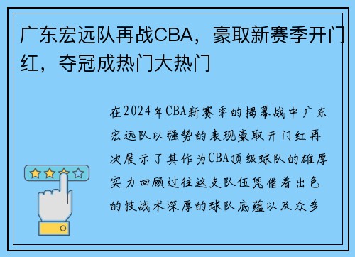 广东宏远队再战CBA，豪取新赛季开门红，夺冠成热门大热门