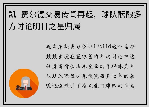 凯-费尔德交易传闻再起，球队酝酿多方讨论明日之星归属