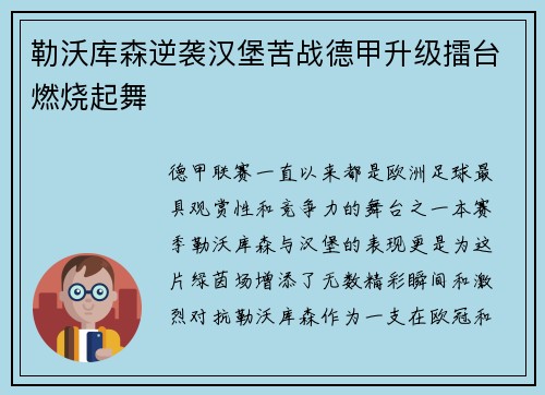 勒沃库森逆袭汉堡苦战德甲升级擂台燃烧起舞