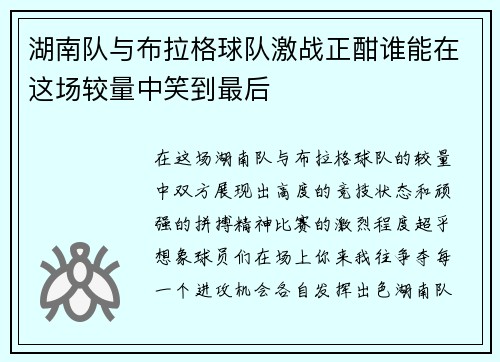 湖南队与布拉格球队激战正酣谁能在这场较量中笑到最后
