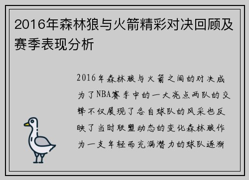 2016年森林狼与火箭精彩对决回顾及赛季表现分析