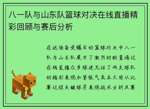 八一队与山东队篮球对决在线直播精彩回顾与赛后分析