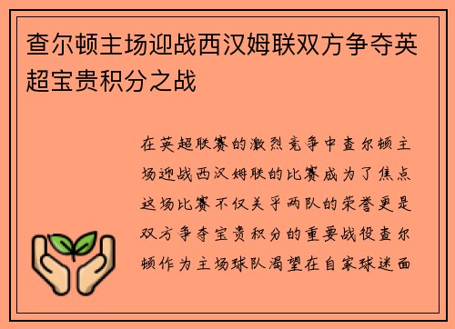 查尔顿主场迎战西汉姆联双方争夺英超宝贵积分之战