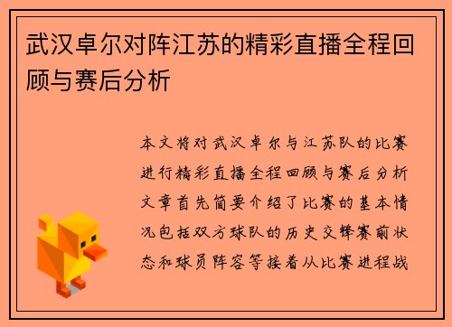 武汉卓尔对阵江苏的精彩直播全程回顾与赛后分析