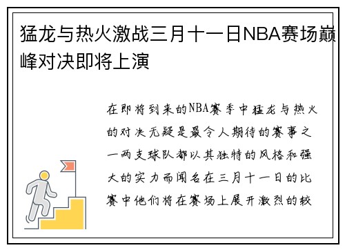猛龙与热火激战三月十一日NBA赛场巅峰对决即将上演