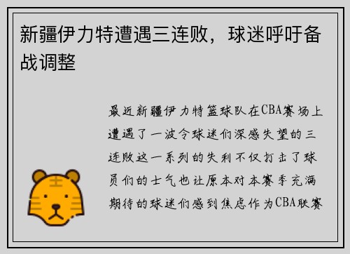 新疆伊力特遭遇三连败，球迷呼吁备战调整