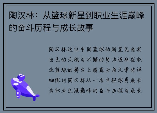 陶汉林：从篮球新星到职业生涯巅峰的奋斗历程与成长故事